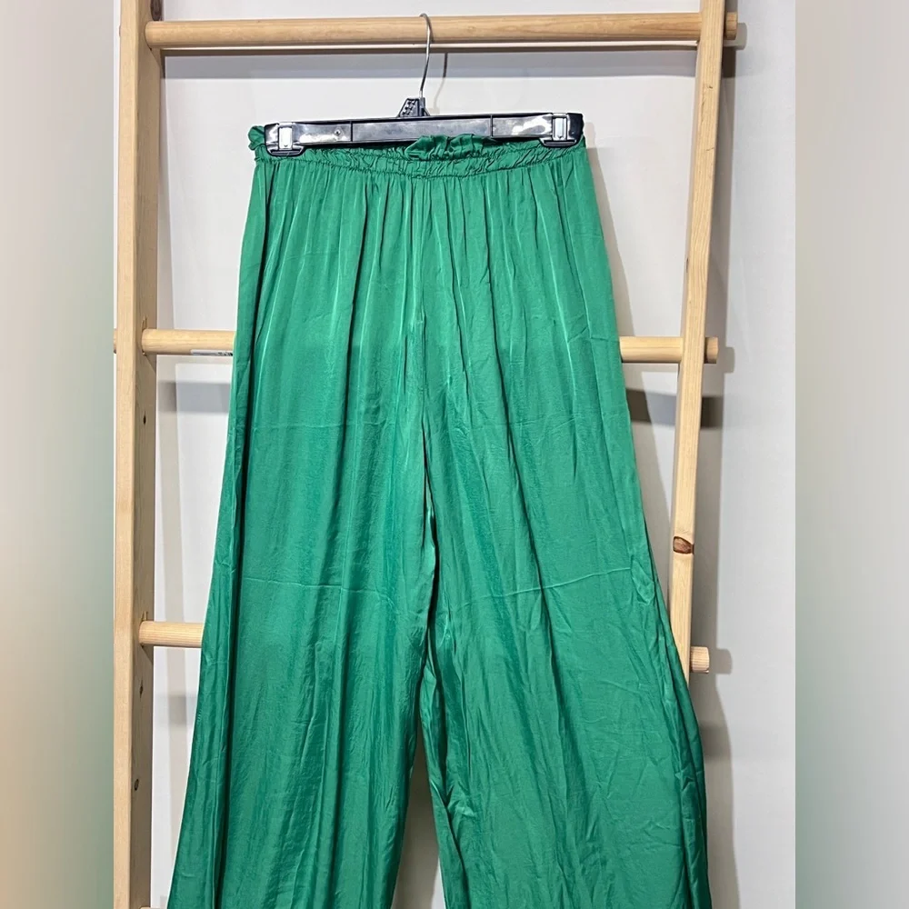 VENTI6 Vibrant kelly green silk blend wide leg palazzo pants size S - Picture 6 of 11